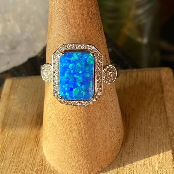 Blue Opal & CZ Sterling Silver Statement Ring - Picture 7 of 8